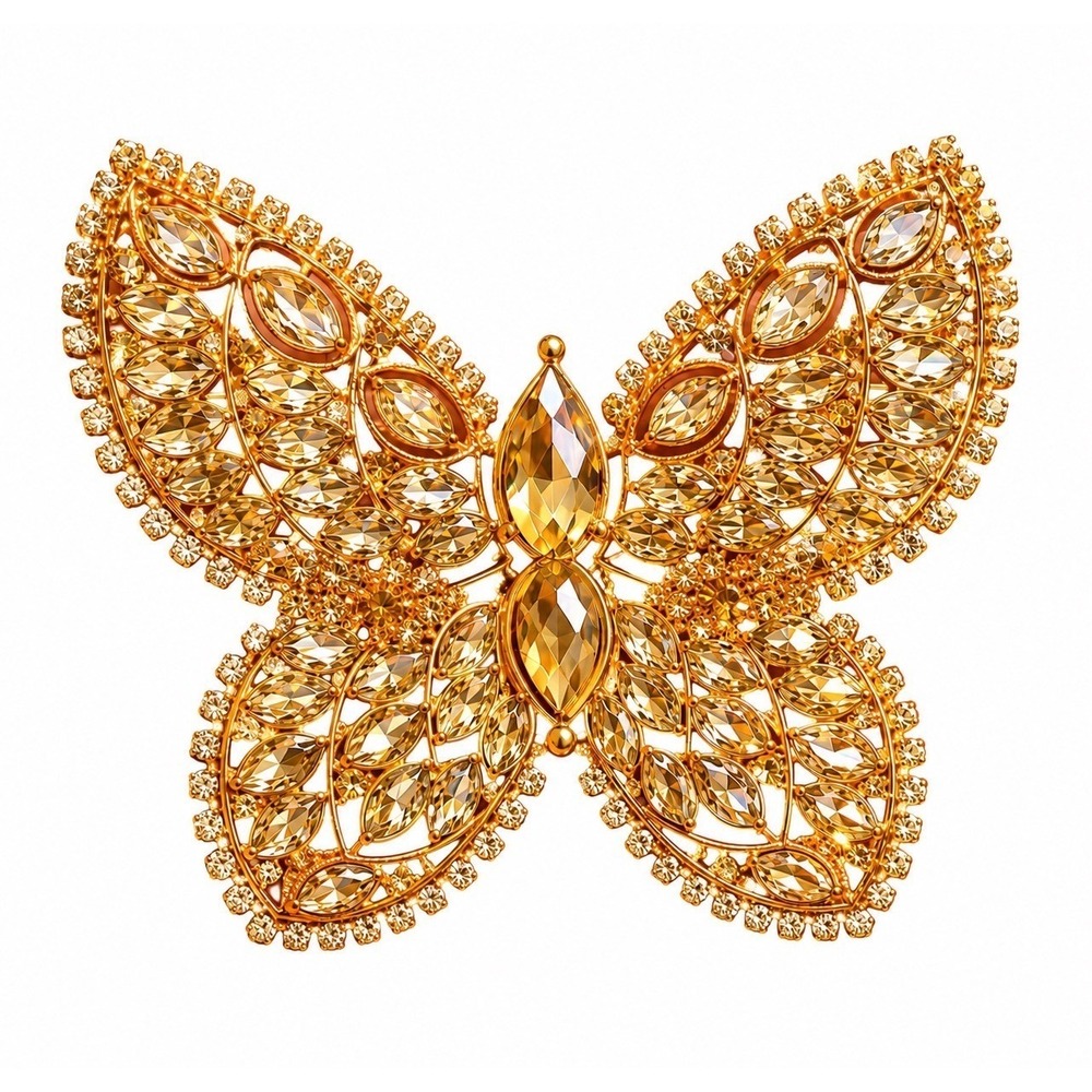 Gold Tone Butterfly Brooch Marquise Clear Crystal  Statement Pin Large Filigree